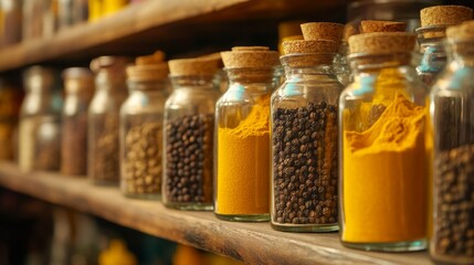 Poster - An elegant display of turmeric, black pepper, and other spices in small glass jars on a wooden shelf, showcasing their colors and textures in a kitchen setting