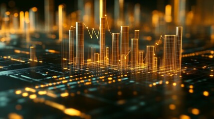 Poster - A D financial chart with rising columns and a glowing trendline, placed over a sleek digital grid with futuristic design elements