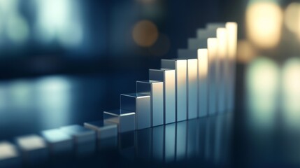 Poster - A D stacked bar chart with metallic bars in ascending order, placed on a reflective surface, highlighting financial progress in a clean, minimalist design