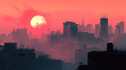 Fototapete - A city skyline shrouded in a thick, orange haze from wildfire smoke, with a glowing, red sun barely visible through the polluted atmosphere