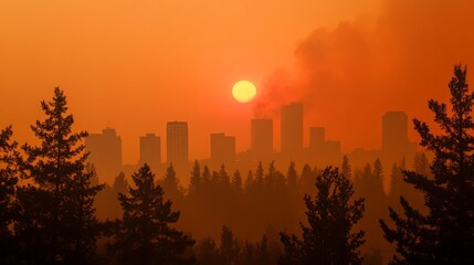 Fototapete - A city skyline shrouded in a thick, orange haze from wildfire smoke, with a glowing, red sun barely visible through the polluted atmosphere
