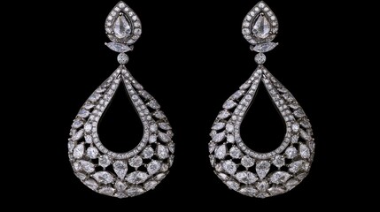 Poster - A close-up of a pair of diamond drop earrings, showcasing the sparkle of the gems and the intricate design of the metalwork against a black background