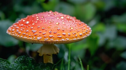 Poster - A close-up of a small mushroom cap with glistening water droplets on a rainy day, surrounded by lush greenery for a fresh and vibrant feel