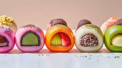 Poster - A close-up of different flavored daifuku, with vibrant colors and textures, showcasing fillings like chocolate, fruit, and matcha, against a neutral background