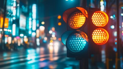 Aufkleber - A close-up of a traffic light with all three signals illuminated, showcasing the intricate designs and colors, set against a blurred city backdrop
