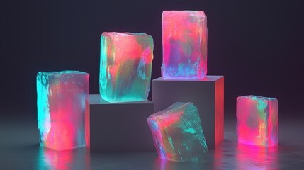 Poster - Colorful Ice Blocks with Neon Lights on Display Against Dark Background