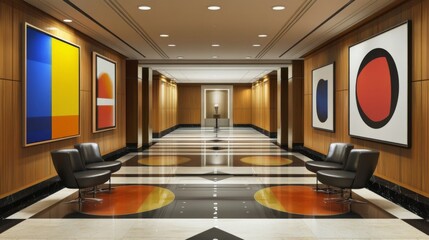 Aufkleber - A contemporary hallway with bold geometric patterns on the floor, sleek furniture, and modern art pieces, creating a stylish and dynamic environment
