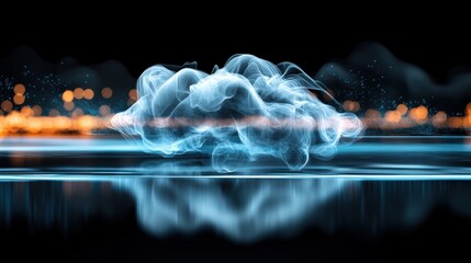 Poster - Dynamic smoke formation rising from water surface at night abstract art digital visualization tranquil atmosphere close-up view