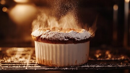 Poster - A dramatic shot of a chocolate souffl rising in the oven, with a rich brown color and a dusting of powdered sugar on top, emphasizing its airy texture