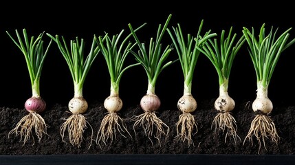 Poster - A dramatic shot of shallots being harvested from the soil, with dirt clinging to their roots and green tops, showcasing the farm-to-table concept