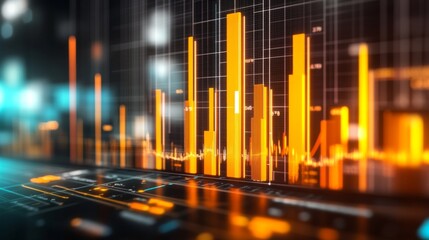 Leinwandbilder - A dynamic D bar chart with translucent bars in different heights, hovering over a futuristic financial dashboard with glowing elements
