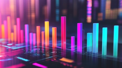 Leinwandbilder - A dynamic D bar chart with translucent bars in different heights, hovering over a futuristic financial dashboard with glowing elements