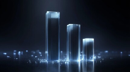 Poster - A financial bar chart with translucent bars in ascending order, placed on a dark, sleek background with glowing data points floating around