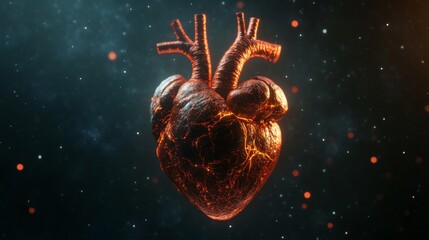 Aufkleber - A highly detailed D rendering of a human heart with visible arteries and veins, set against a dark background, emphasizing its complex structure