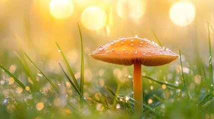 Aufkleber - A low-angle view of a mushroom surrounded by dew-laden grass, with soft morning light highlighting the water droplets on its cap