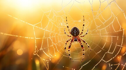 Aufkleber - A macro view of a spider weaving its web in the early morning light, with dew droplets clinging to the silk threads, creating a mesmerizing scene