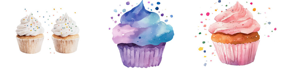 Poster - A png image of a watercolor cupcake with sprinkles is shown isolated on a transparent background