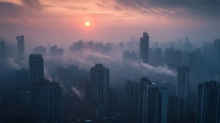 Poster - A powerful image of a city skyline shrouded in smog and pollution, with the sun barely visible, illustrating the effects of greenhouse gas emissions on urban environments