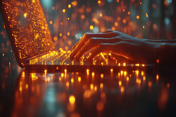 Poster - Abstract digital art of hands typing on glowing laptop