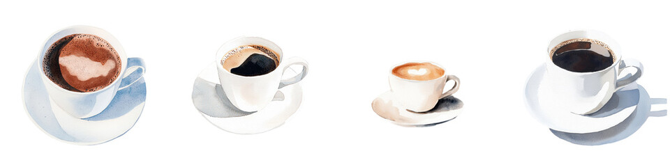 Poster - This png image is a detailed watercolor illustration of a ceramic coffee cup and saucer, with the cup filled with coffee, isolated on a transparent background