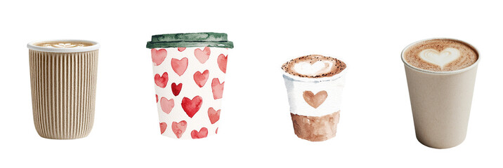 Poster - A cup of coffee with heart-shaped latte art, rendered in a detailed watercolor painting style, is the focus of this illustration, which is isolated on a transparent background and provided as a png