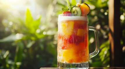Poster - A striking shot of a beer glass filled with a bright, fruity beer, topped with fresh fruit slices, set against a sunlit patio with greenery in the background