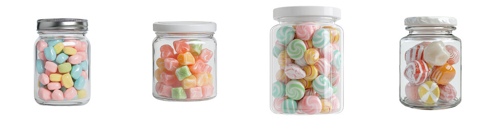 Poster - This png image features a glass jar with a clear body and a metal lid, overflowing with a diverse array of candies in a multitude of colors, isolated on a transparent background
