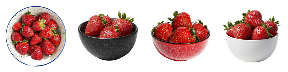 Poster - The picture presents a bowl of strawberries that are fresh, ripe, and red, complete with green stems, making them suitable for consumption or decoration, and they are isolated on a transparent
