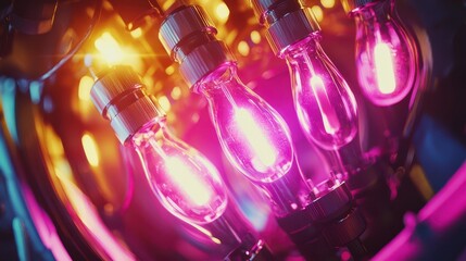 Poster - Colorful Vintage Light Bulbs Glowing in a Retro Industrial Setting