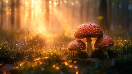 Poster - A whimsical scene of mushrooms with sparkling dew in a misty forest, showcasing the magical atmosphere of nature in the early morning light