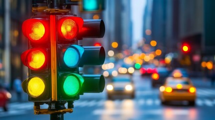 Poster - A wide-angle view of multiple traffic lights at an intersection, showcasing various colors, with cars and buildings blurred in motion in the background