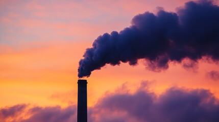 Poster - Black smoke slowly dispersing into the atmosphere from a factory stack, mixing with a dramatic sunset sky filled with deep orange and purple hues