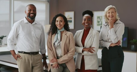 Poster - Office, team and face of happy business people for about us, confidence and company pride. Professional, corporate consultants and portrait of men and women for collaboration, support and growth