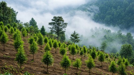 Aufkleber - Newly planted rows of saplings on a hillside, with a soft morning mist hovering over the landscape, symbolizing the rejuvenation of deforested land