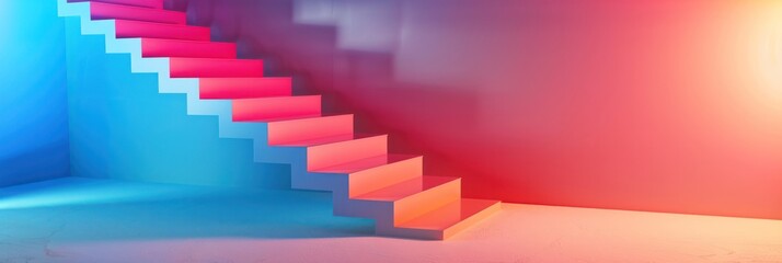 Poster - 3D stair on wall pink red and blue color minimalistic wallpaper futuristic.