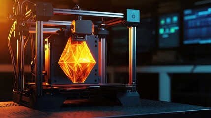 Poster - Innovative 3D Printer Creating Futuristic Orange Diamond Shape Model