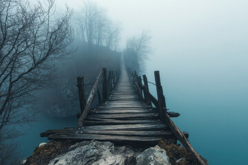 Wall Mural - A mysterious and foggy wooden bridge stretches over a serene body of water, surrounded by bare trees and enveloped in mist.