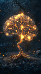 Poster - Luminous golden tree radiating ethereal light, growing amid shadowy woodland, emanating magical woodland mystique at nightfall