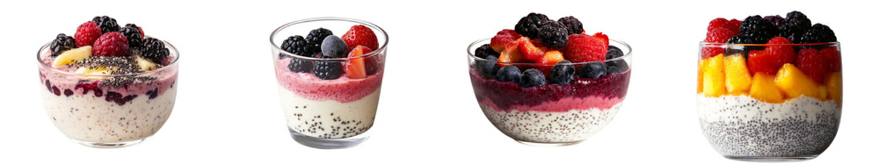 Poster - The chia pudding is mixed with fresh strawberries, blueberries, raspberries, and mango cubes, then garnished with mint leaves and set against a transparent background, available in png format