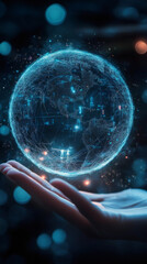 Aufkleber - Global network and data exchange concept, hand holding digital world with futuristic network connection and data flow