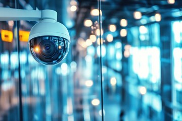 Poster - High-tech surveillance camera with modern lighting in urban environment