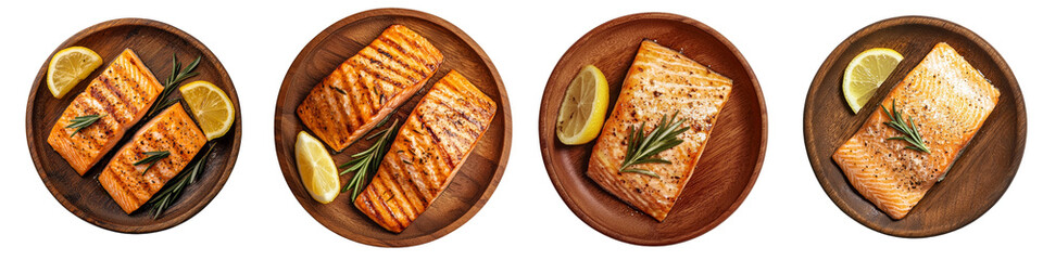 Poster - A delicious and healthy dish of grilled salmon, infused with the flavors of lemon and herbs, is beautifully presented on a wooden plate, garnished with parsley and rosemary, and isolated on a