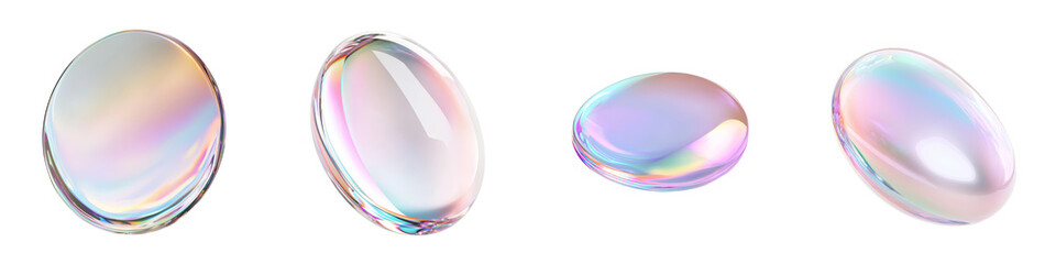 An oval object with a smooth, reflective surface displays an iridescent gradient of vibrant pink, blue, and purple hues, and is presented on a transparent background in a png file