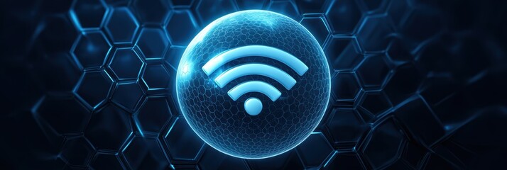 Poster - Graphic design featuring a glowing Wi-Fi symbol amidst a futuristic background