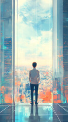 Poster - Businessman standing in modern skyscraper looking at futuristic cityscape through large window, digital illustration