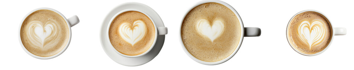 Poster - A png image displays a white ceramic cup of latte, distinguished by a carefully crafted heart design, positioned on a transparent background
