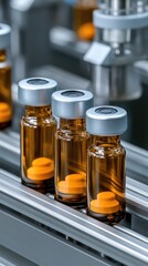 Poster - Vials are transported on a conveyor belt in an industrial plant, showcasing stainless steel packaging and bright orange caps
