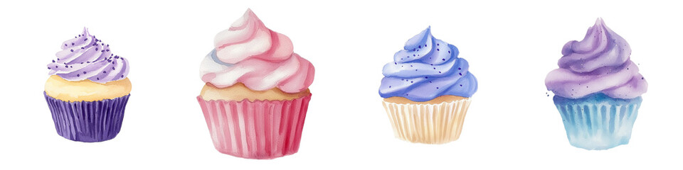 Poster - A sweet and colorful cupcake with sprinkles and whipped cream frosting is displayed as a scrumptious dessert in gentle pastel colors, standing out against a transparent background in png