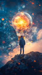 Aufkleber - Surreal image of a man observing a giant light bulb containing a burning galaxy, symbolizing the power of ideas and innovation