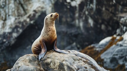 steller sea lion on rock - wildlife photo